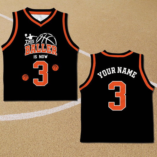 Main view of the personalized black basketball kids jersey with custom name and number
