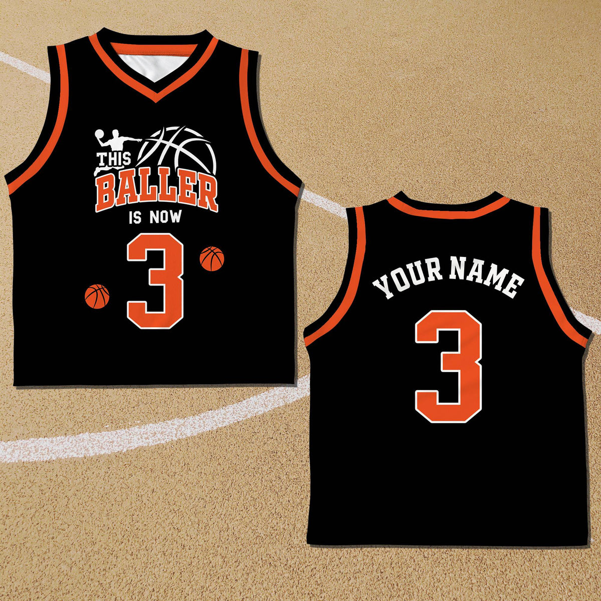Front view of the black basketball kids jersey featuring birthday design