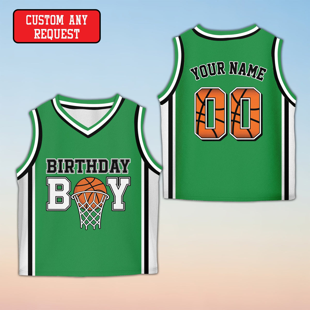 Green basketball birthday jersey for kids, front view