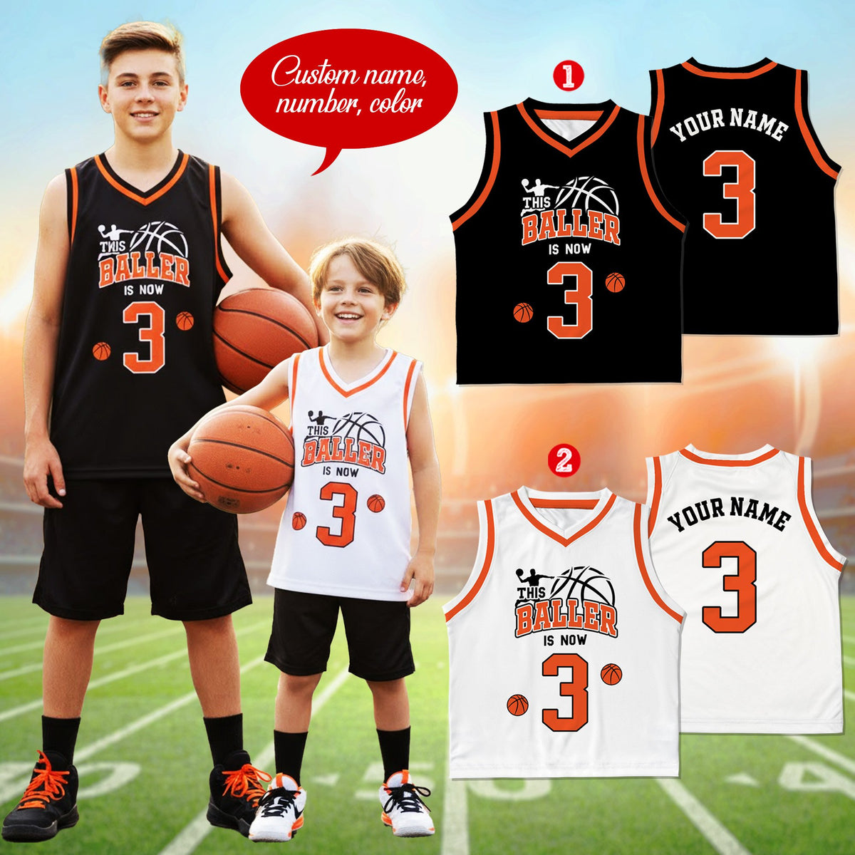 Another lifestyle view of a kid in the personalized birthday basketball jersey