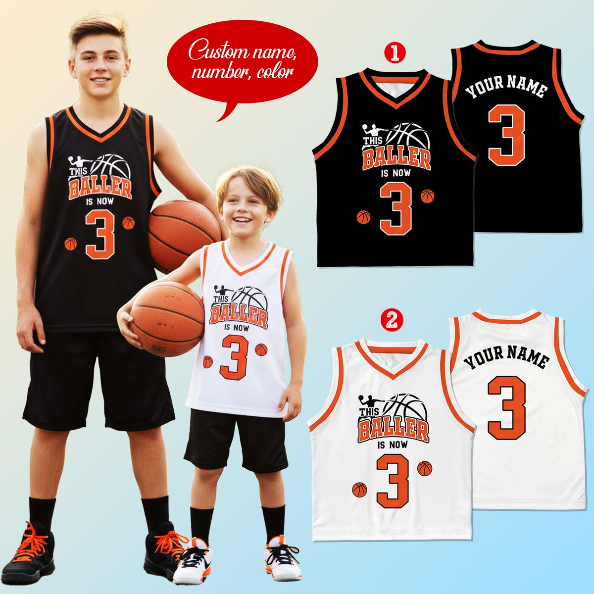 Lifestyle shot highlighting the personalized black basketball kids jersey