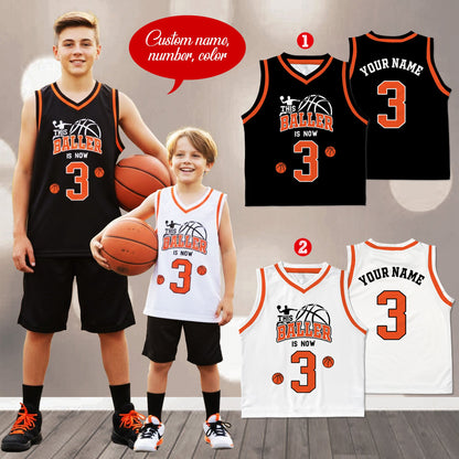 Lifestyle image of a child wearing the custom black basketball kids jersey