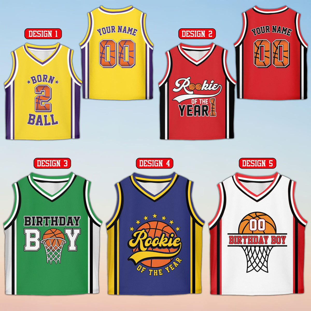 Multicolor personalized basketball kids jersey, front view