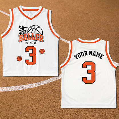 Front view of the white variant of the personalized basketball birthday kids jersey