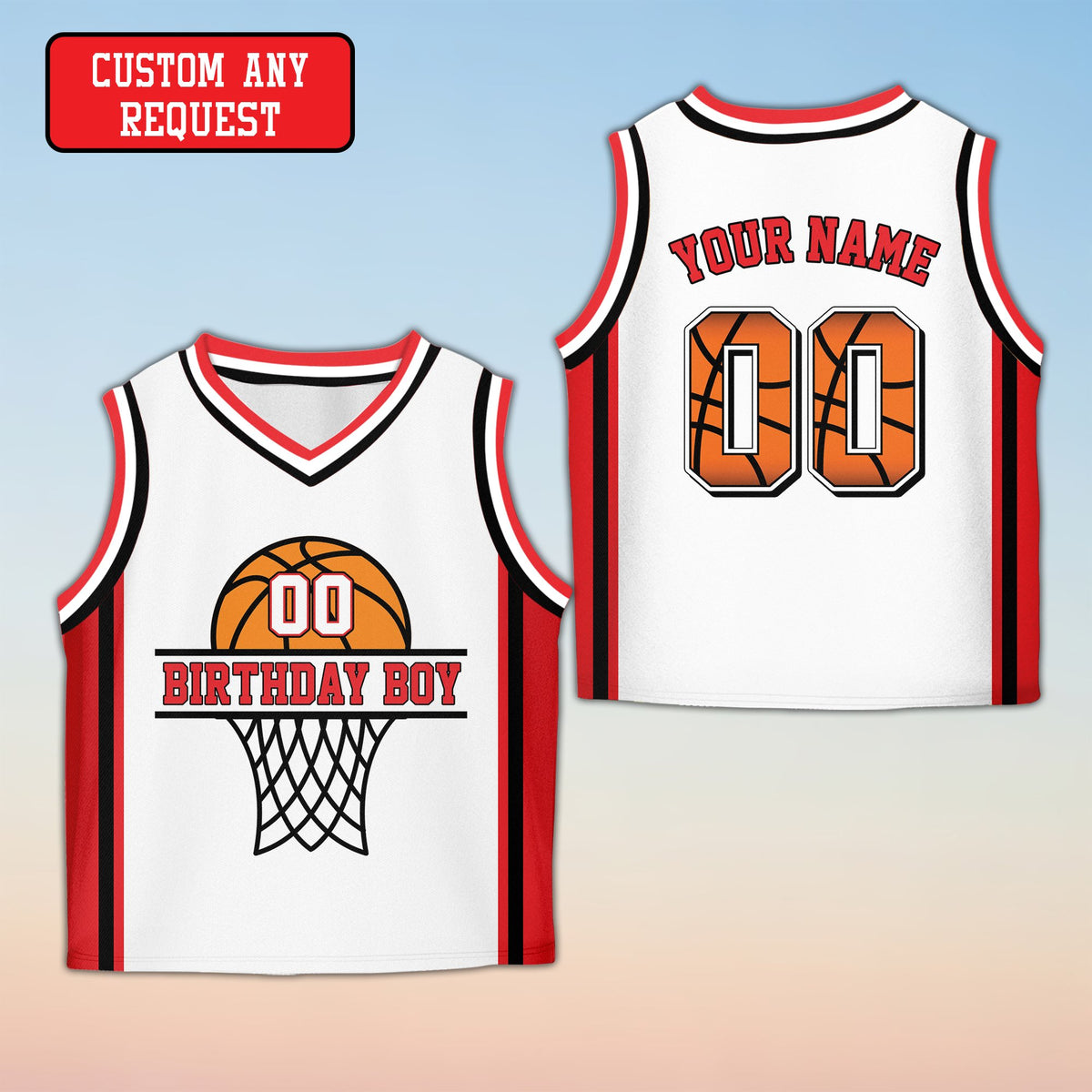 White customized youth basketball jersey, front view