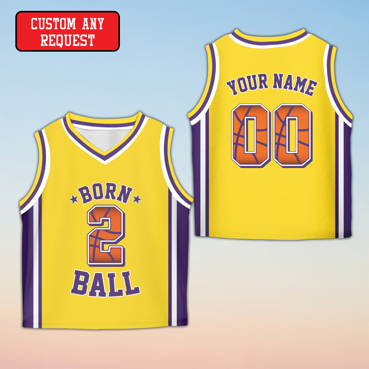 Yellow basketball birthday kids jersey with custom name and number, front view