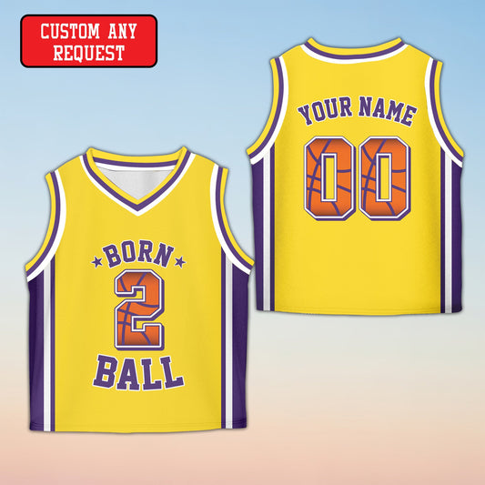 Yellow basketball birthday kids jersey with custom name and number, front view