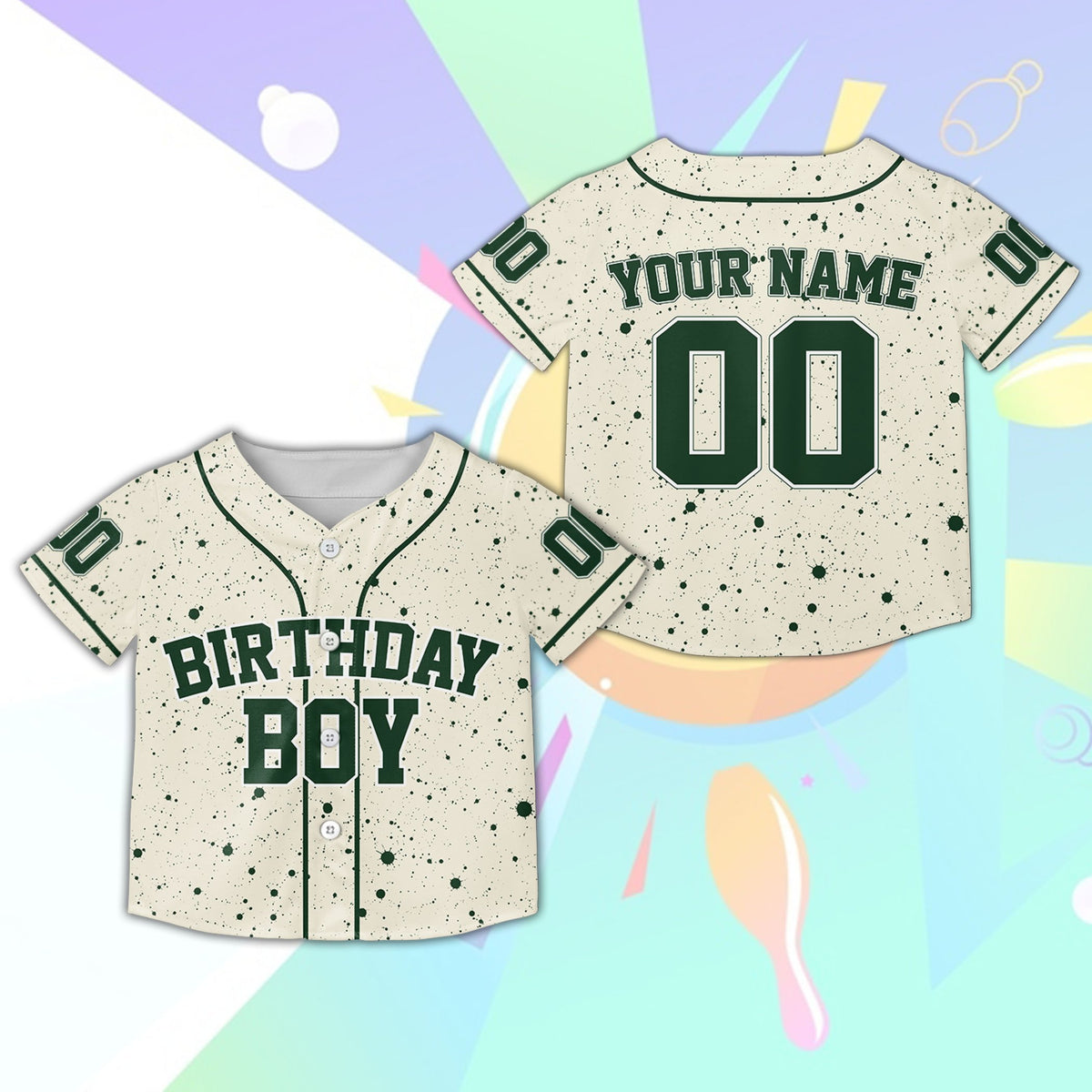 Multicolor birthday kids jersey featuring paint splatter design and custom name, main view