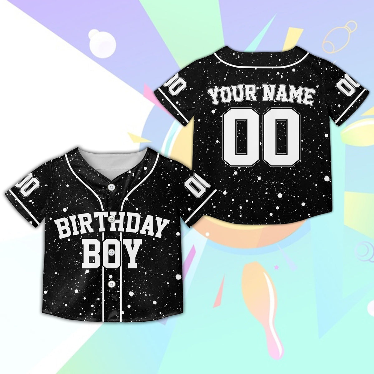Black background youth kids jersey with birthday boy graphic, front view