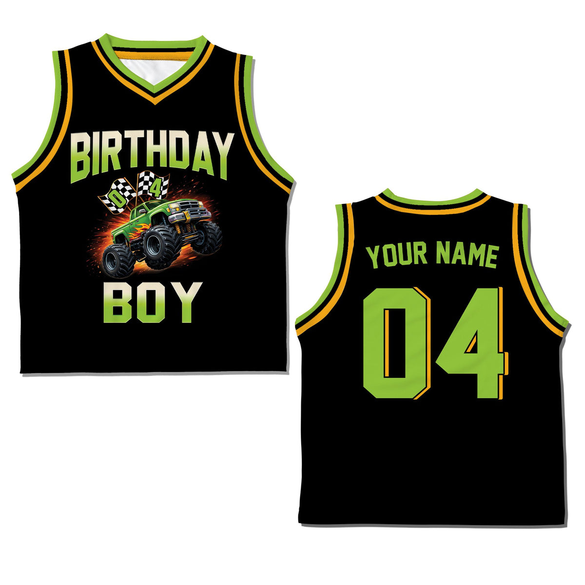 Black birthday kids jersey with monster truck design and custom name, front view