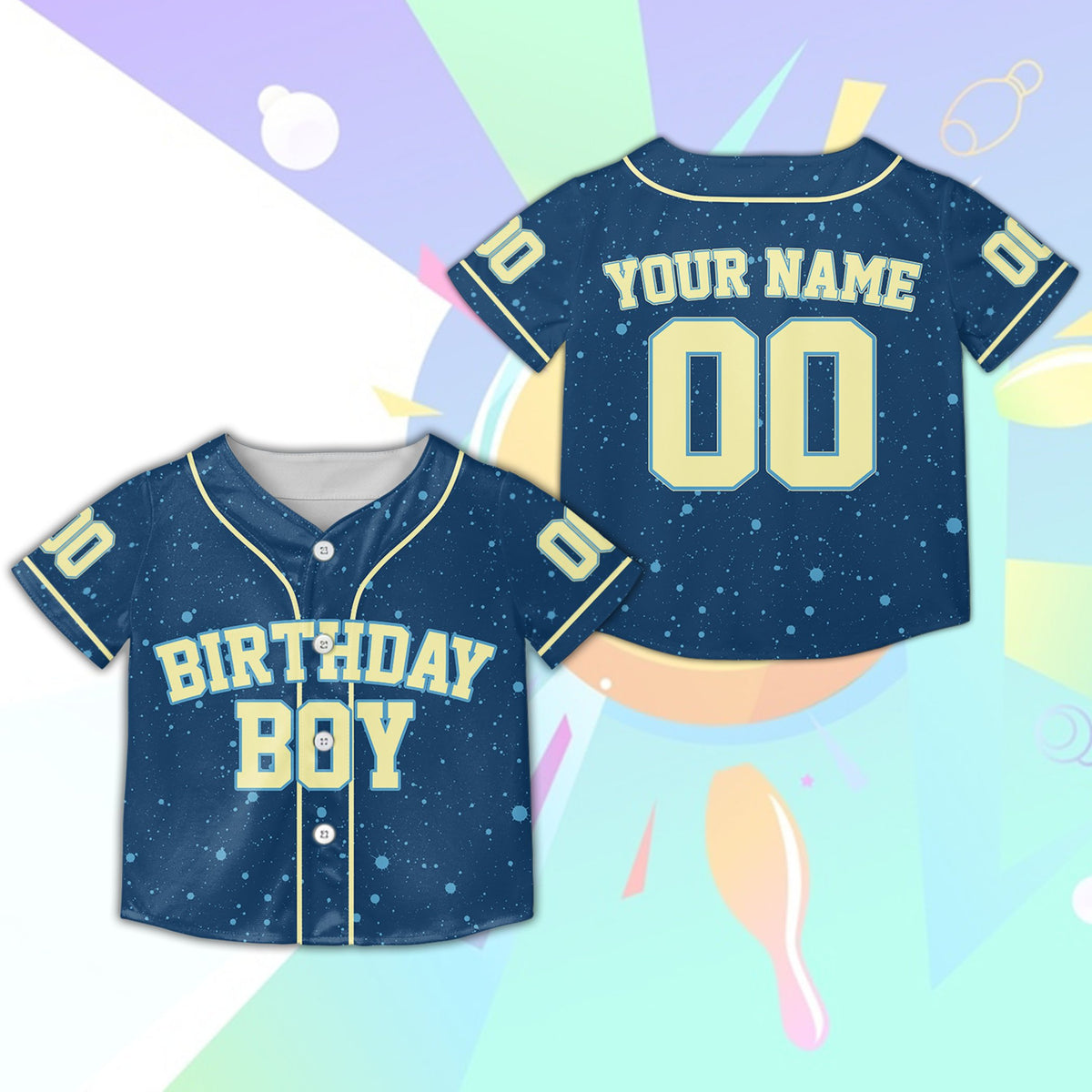 Blue background birthday boy baseball jersey for kids, front view