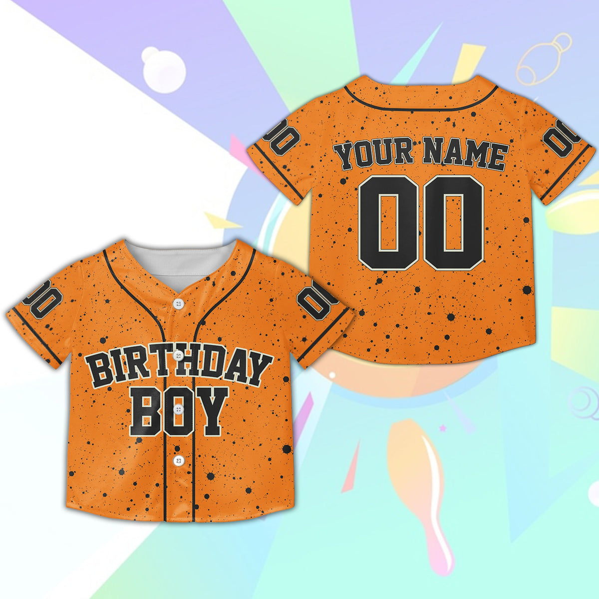 Orange background abstract kids jersey for birthdays, front view