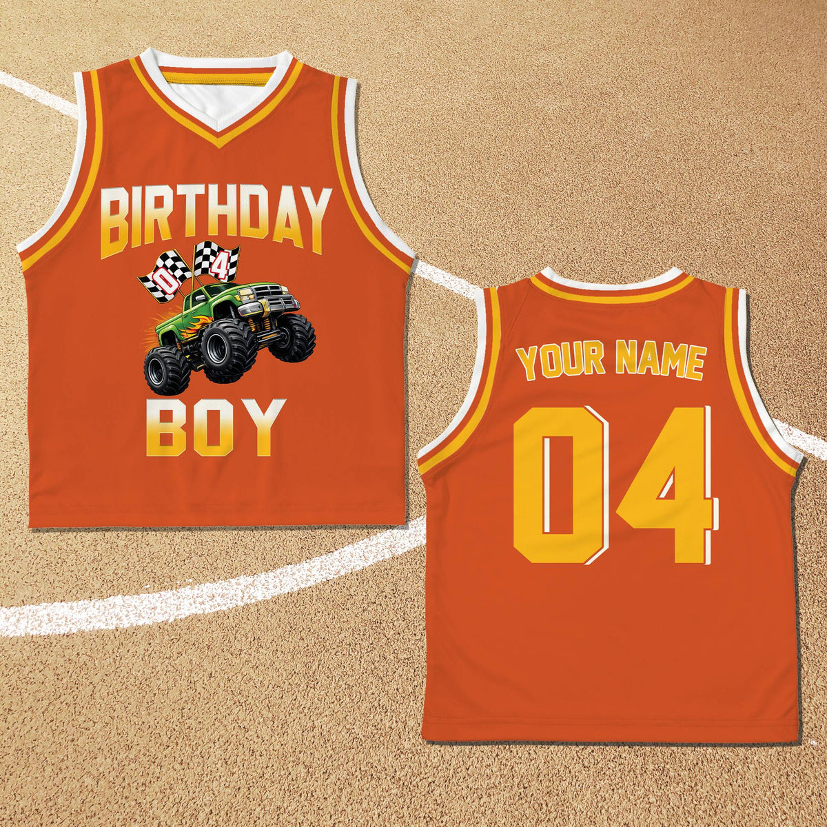 Orange birthday kids jersey, front view