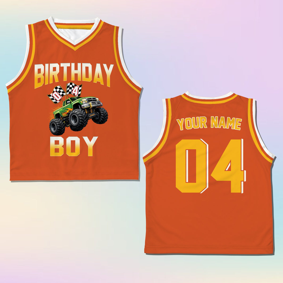 Orange personalized kids jersey, front view