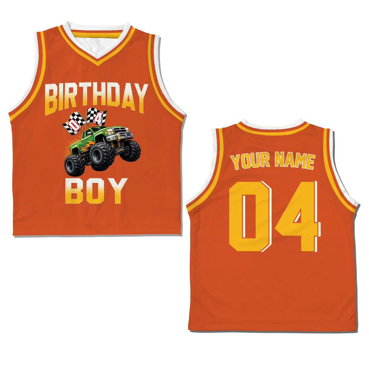 Orange solid kids jersey with birthday design, front view