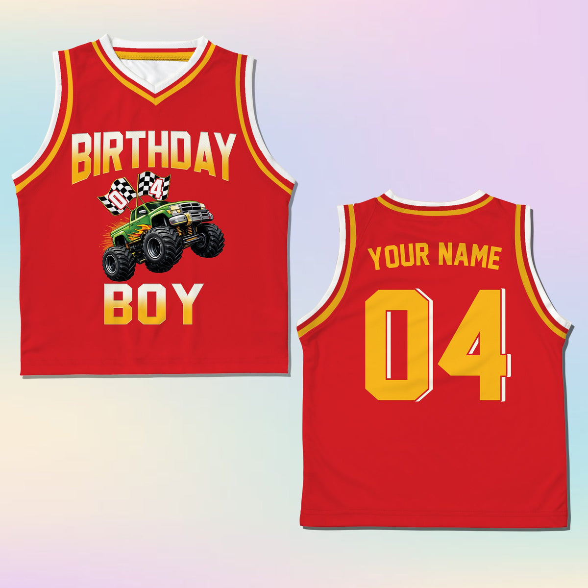 Red youth kids jersey with birthday design, front view