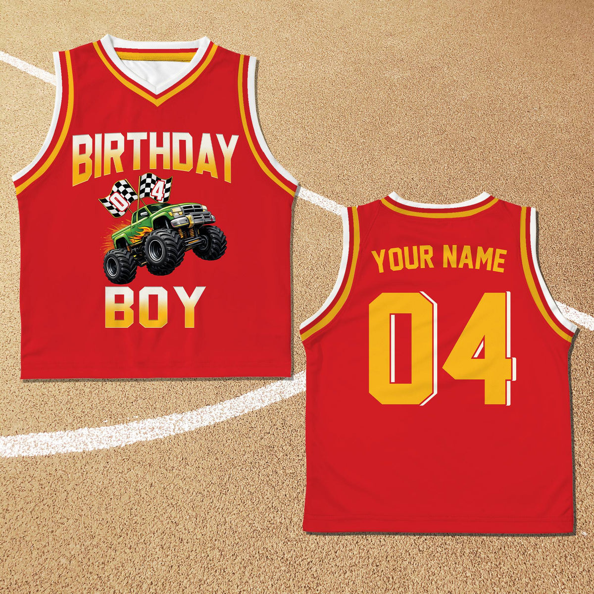 Red custom name and number kids jersey, front view