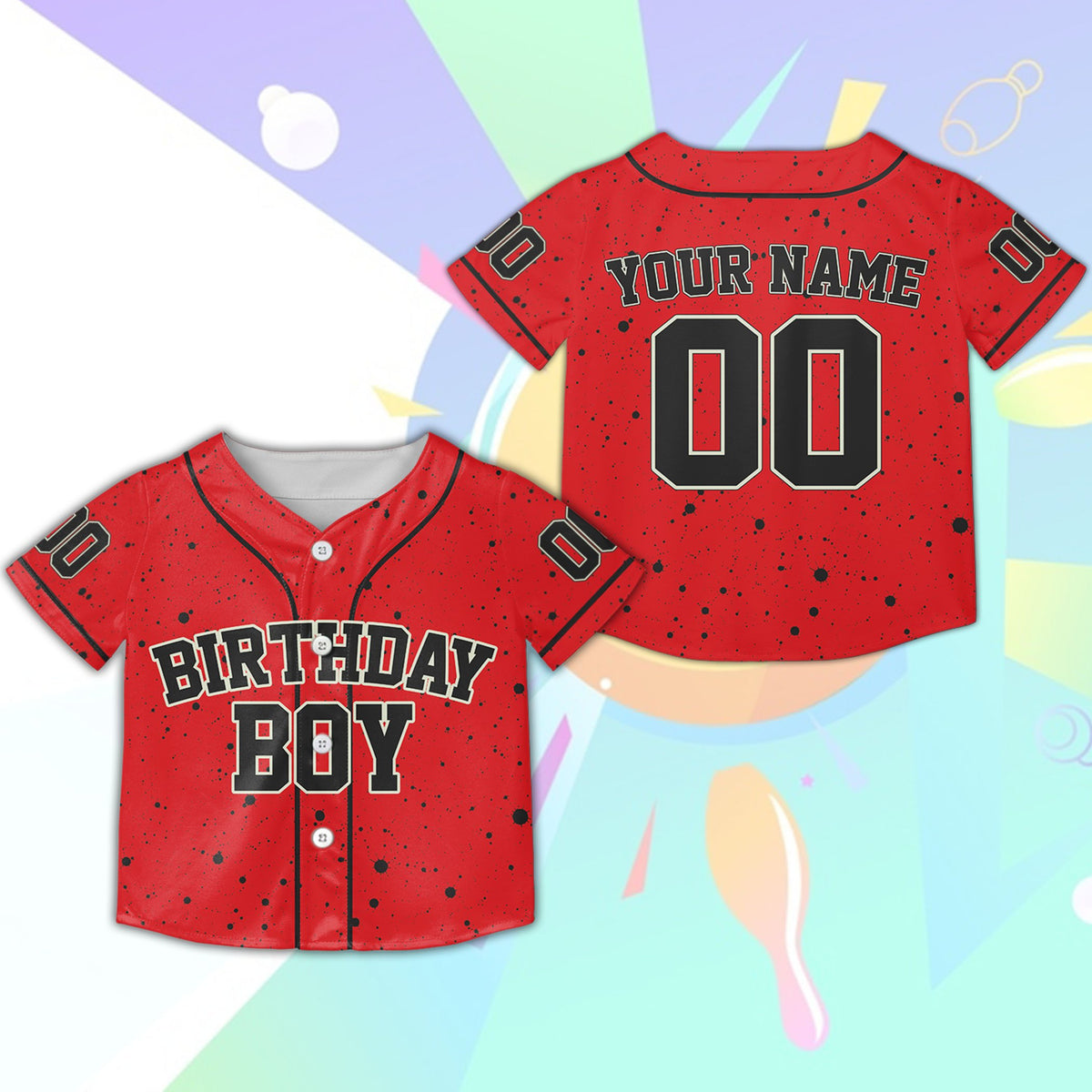 Red background personalized birthday kids jersey, front view