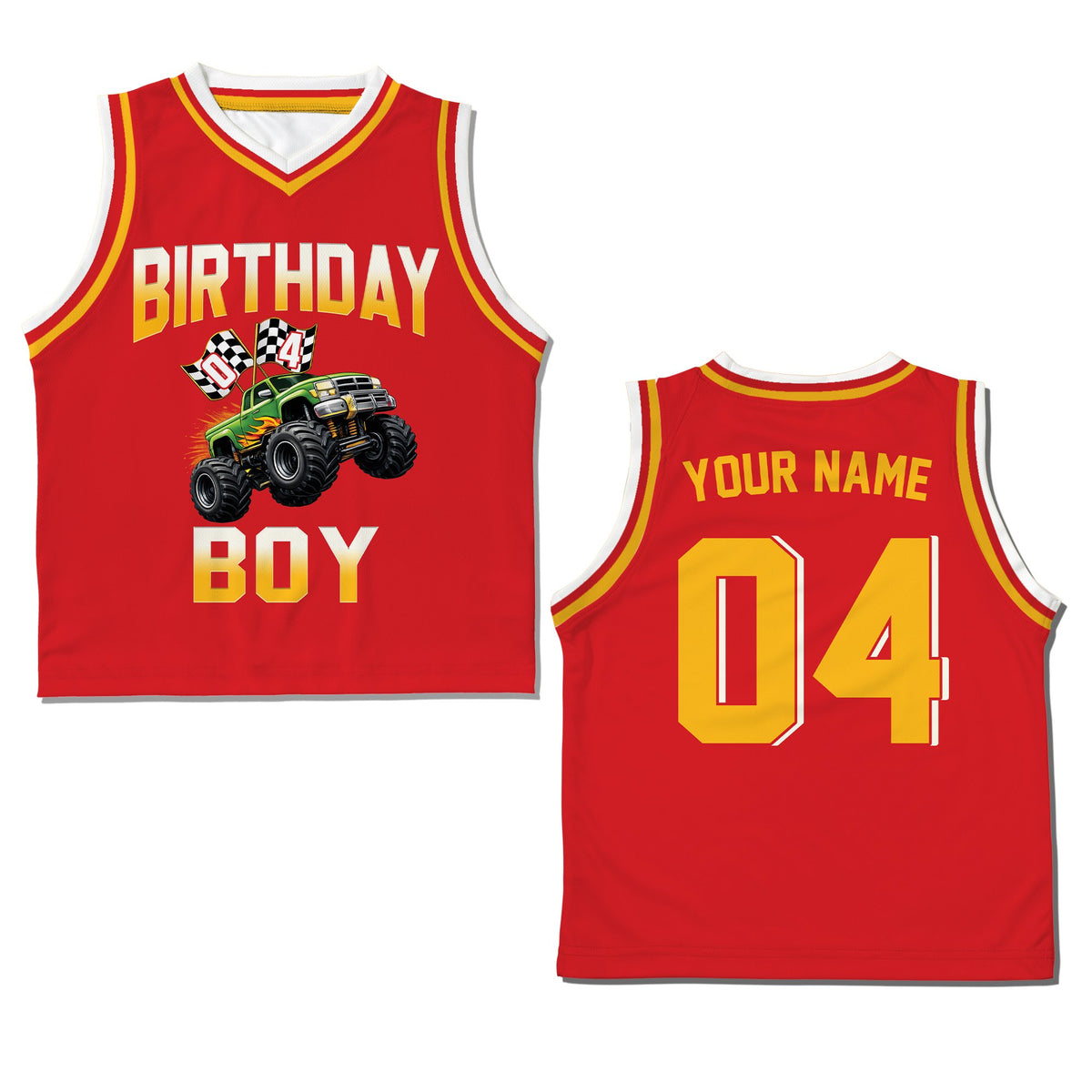 Red personalized kids jersey featuring birthday boy monster truck, front view