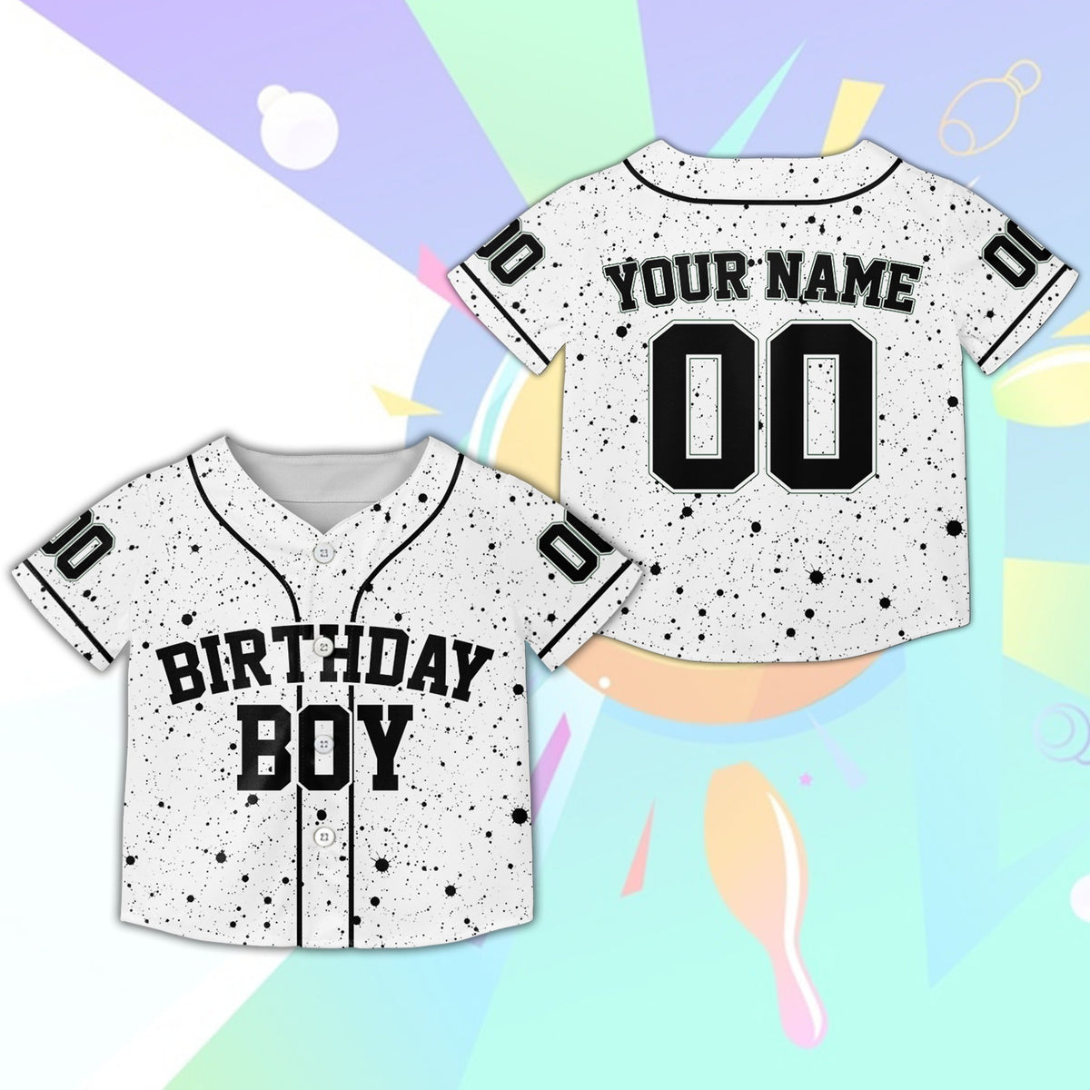 White background personalized kids jersey with birthday boy text, front view