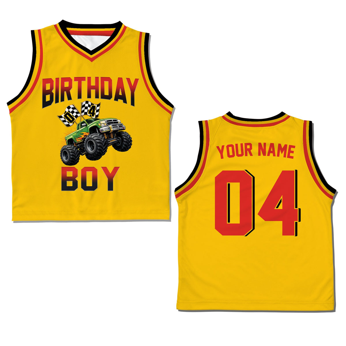 Yellow custom kids jersey with monster truck, front view