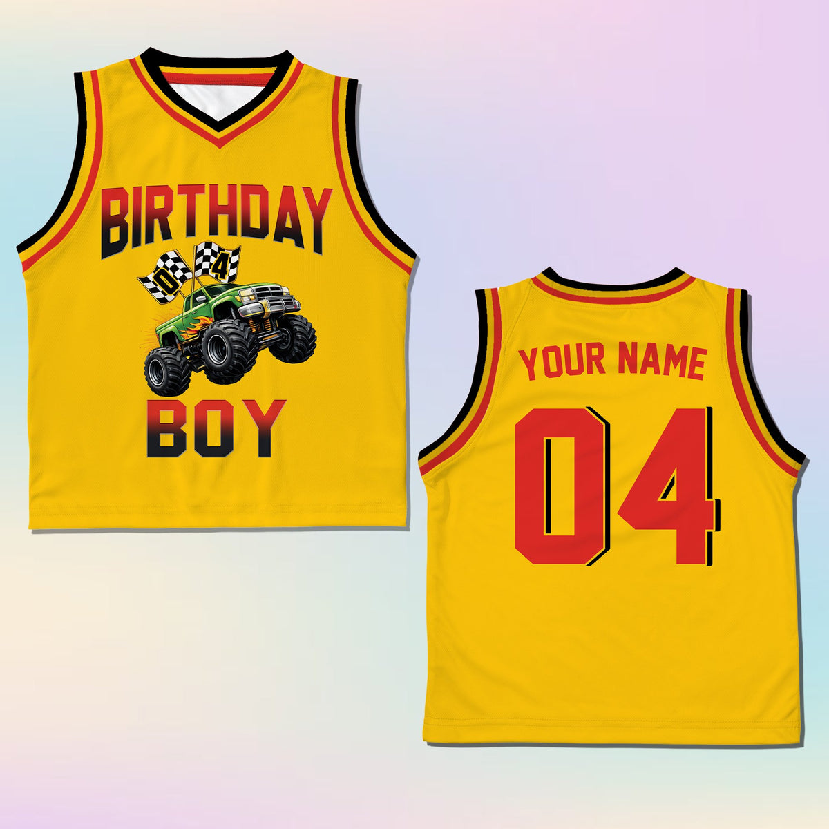 Yellow youth kids jersey for birthday, front view