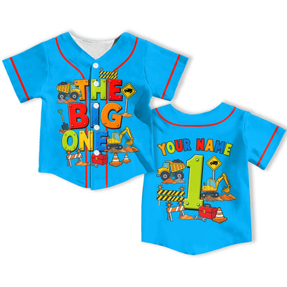 Kids jersey custom name construction theme in blue, front view
