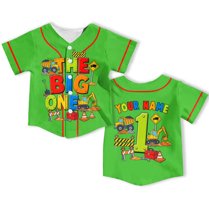 Kids jersey custom name construction theme in green, front view