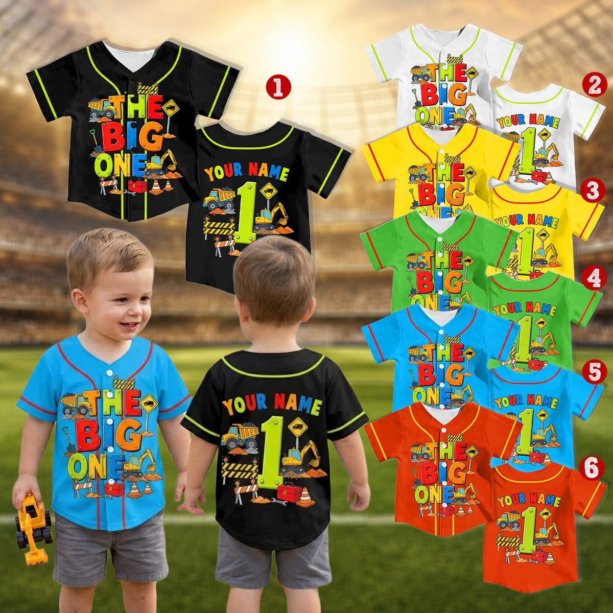 Second lifestyle view of a child wearing the custom construction kids jersey