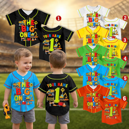 Second lifestyle view of a child wearing the custom construction kids jersey