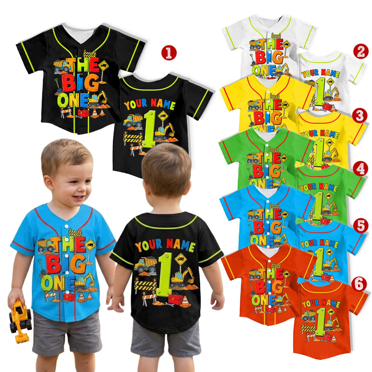 Lifestyle view of a child wearing the personalized kids jersey construction theme