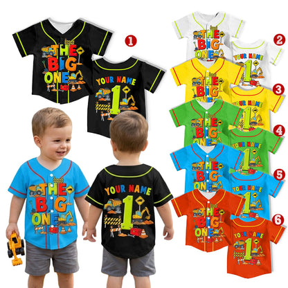 Lifestyle view of a child wearing the personalized kids jersey construction theme