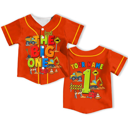 Kids jersey custom name construction theme in orange, front view