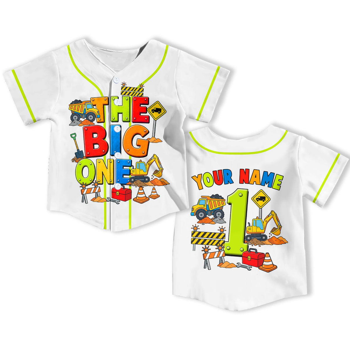 Kids jersey custom name construction theme in white, front view