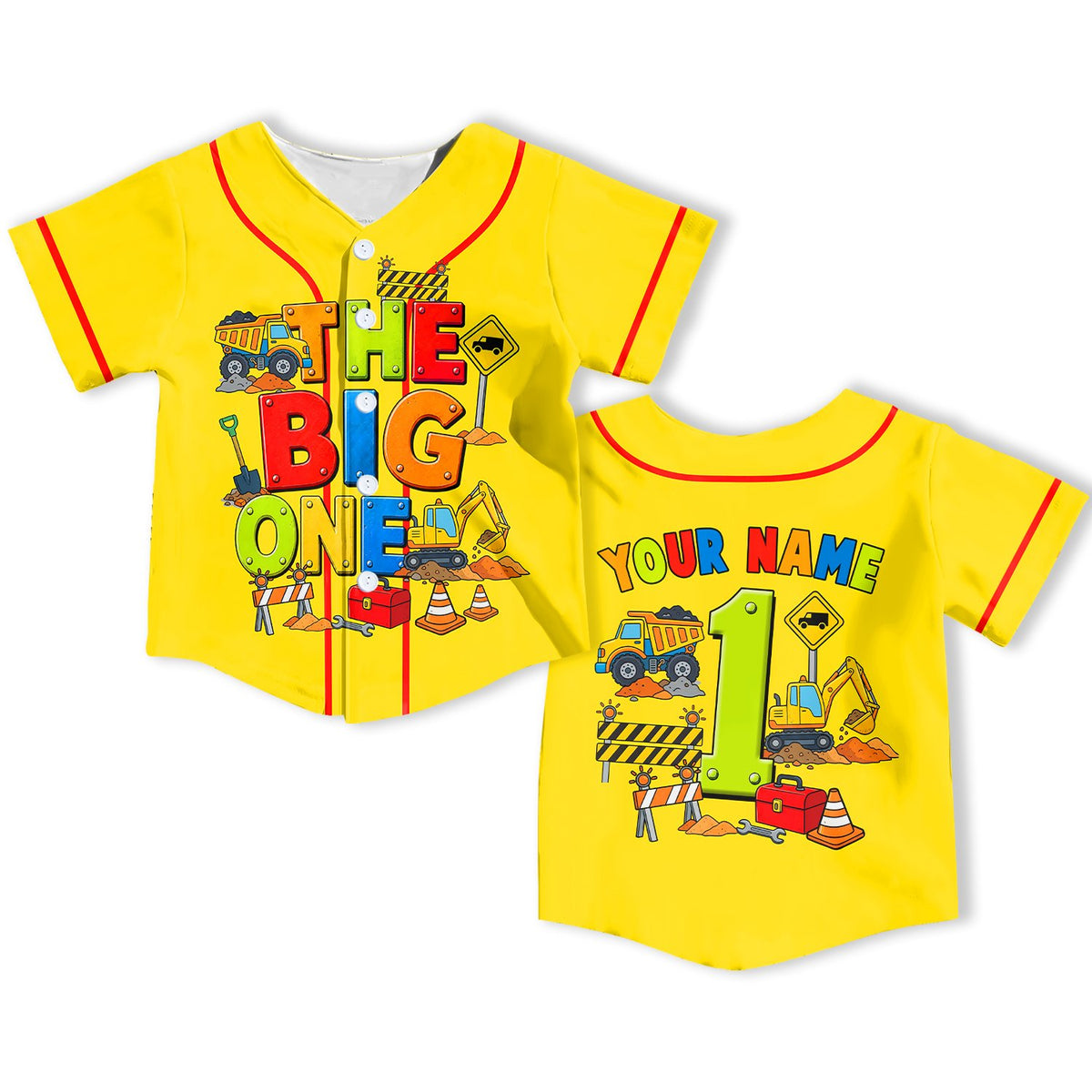 Kids jersey custom name construction theme in yellow, front view