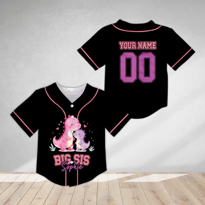 Front view of personalized dinosaurs, siblings kids jersey in black