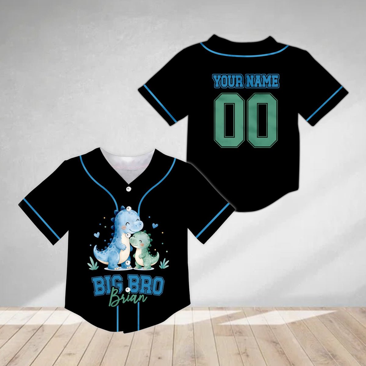 Front view of personalized dinosaurs, siblings kids jersey in black with big brother text