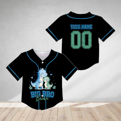 Front view of personalized dinosaurs, siblings kids jersey in black with big brother text
