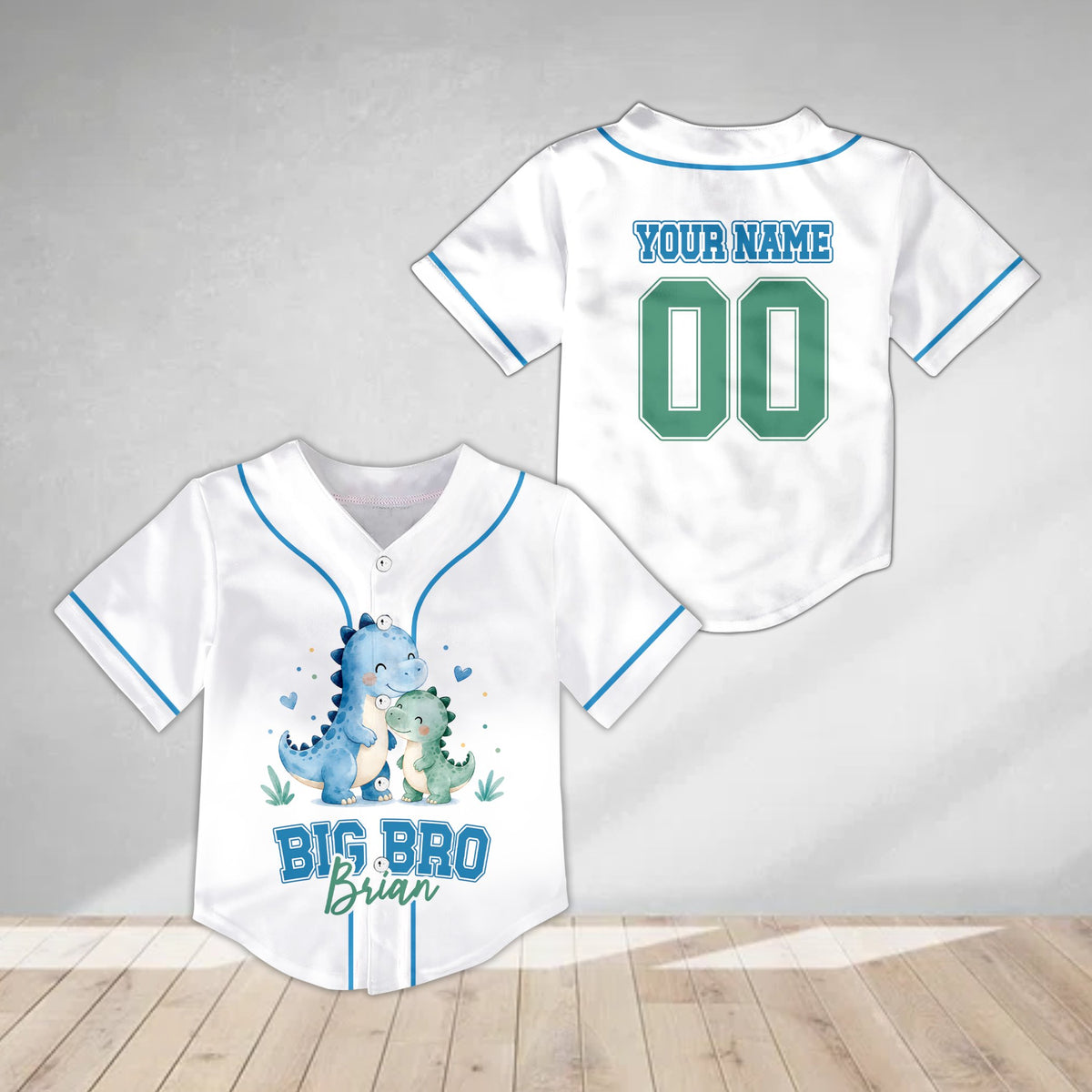 Front view of personalized dinosaurs, siblings kids jersey in white with sibling text