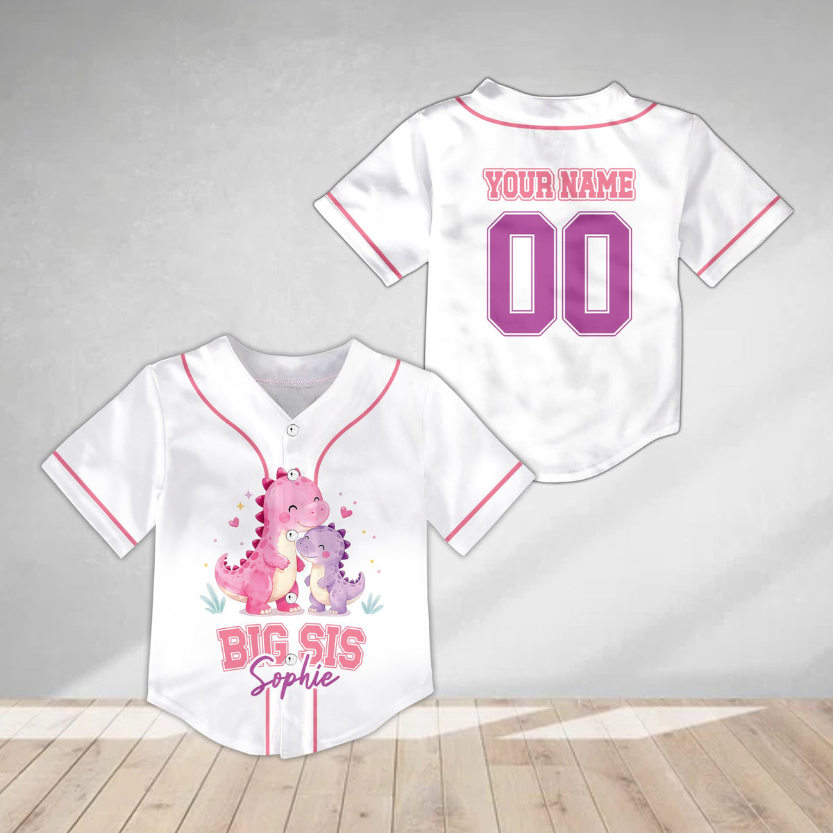 Main view of personalized dinosaurs, siblings kids jersey in white