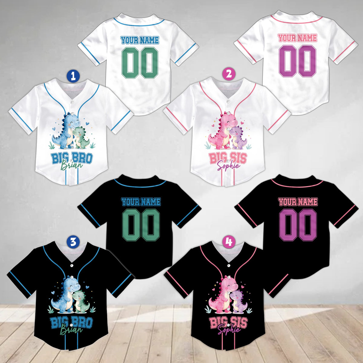 Alternative front view of personalized dinosaurs, siblings kids jersey in white
