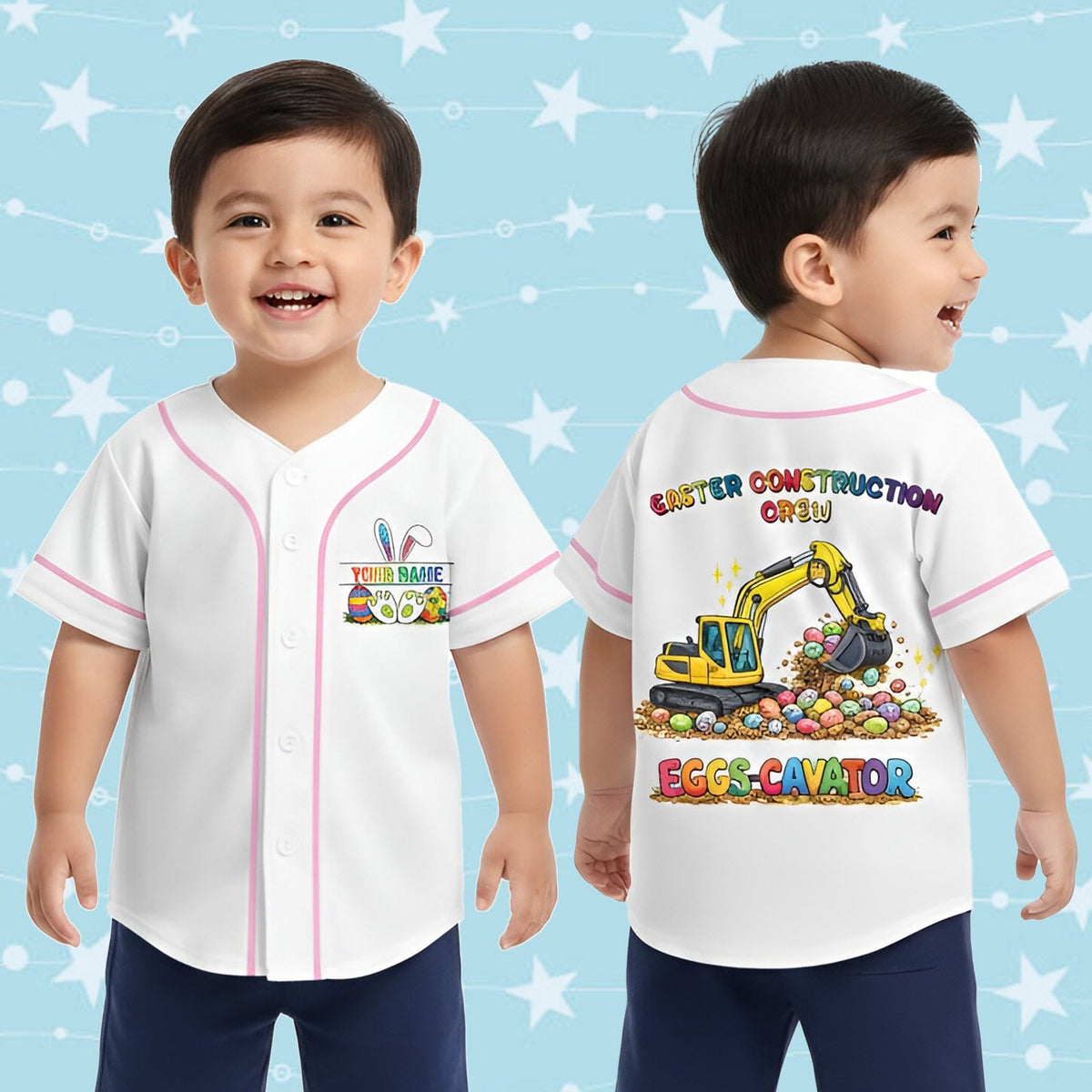 Close up of a child wearing the easter construction kids jersey