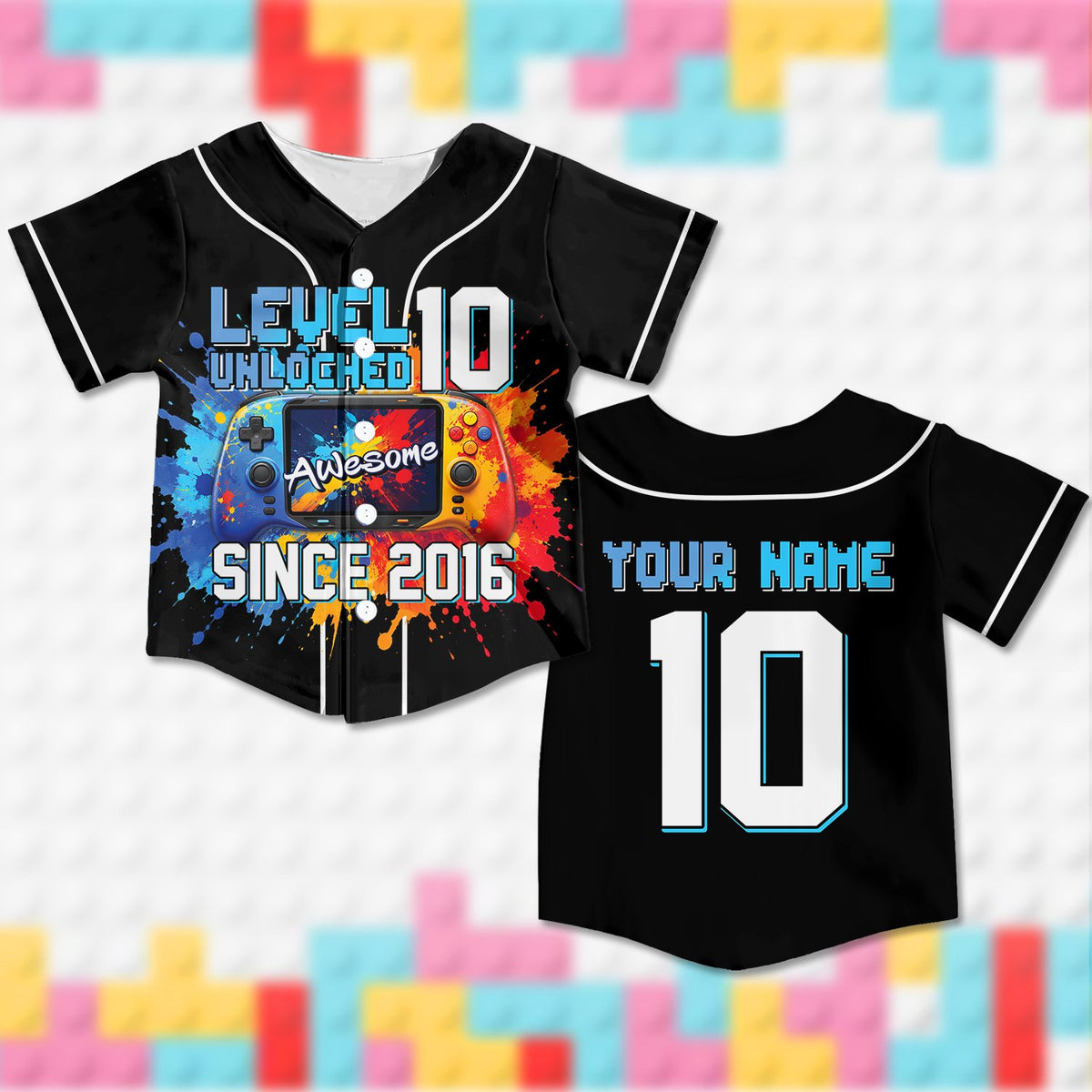 Personalized black gaming kids jersey showing custom pixelated text back view