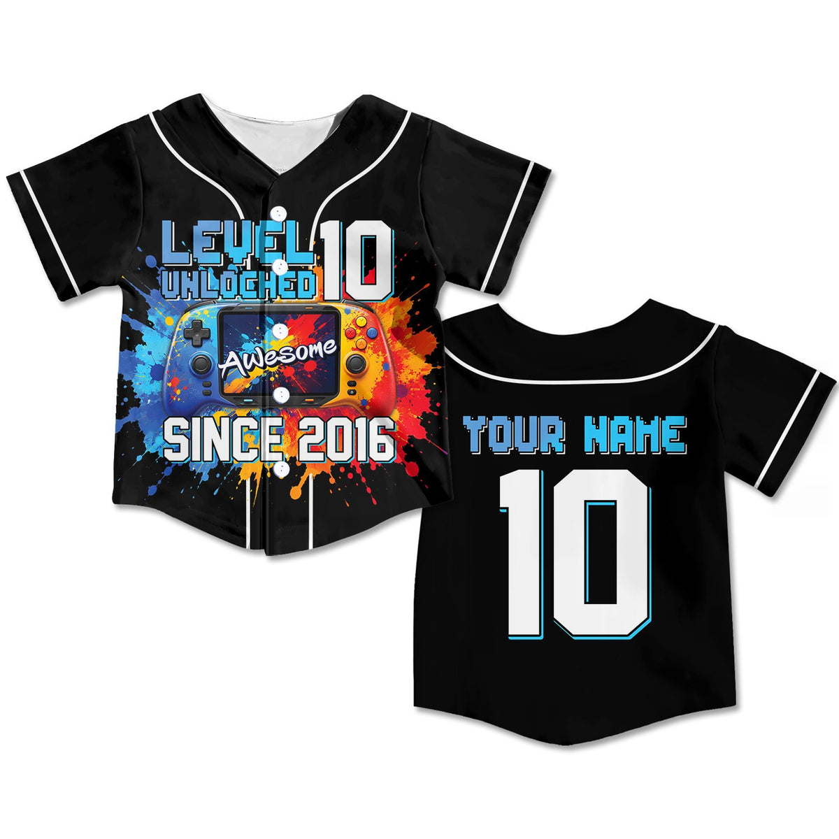 Personalized black gaming kids jersey with controller graphic front view