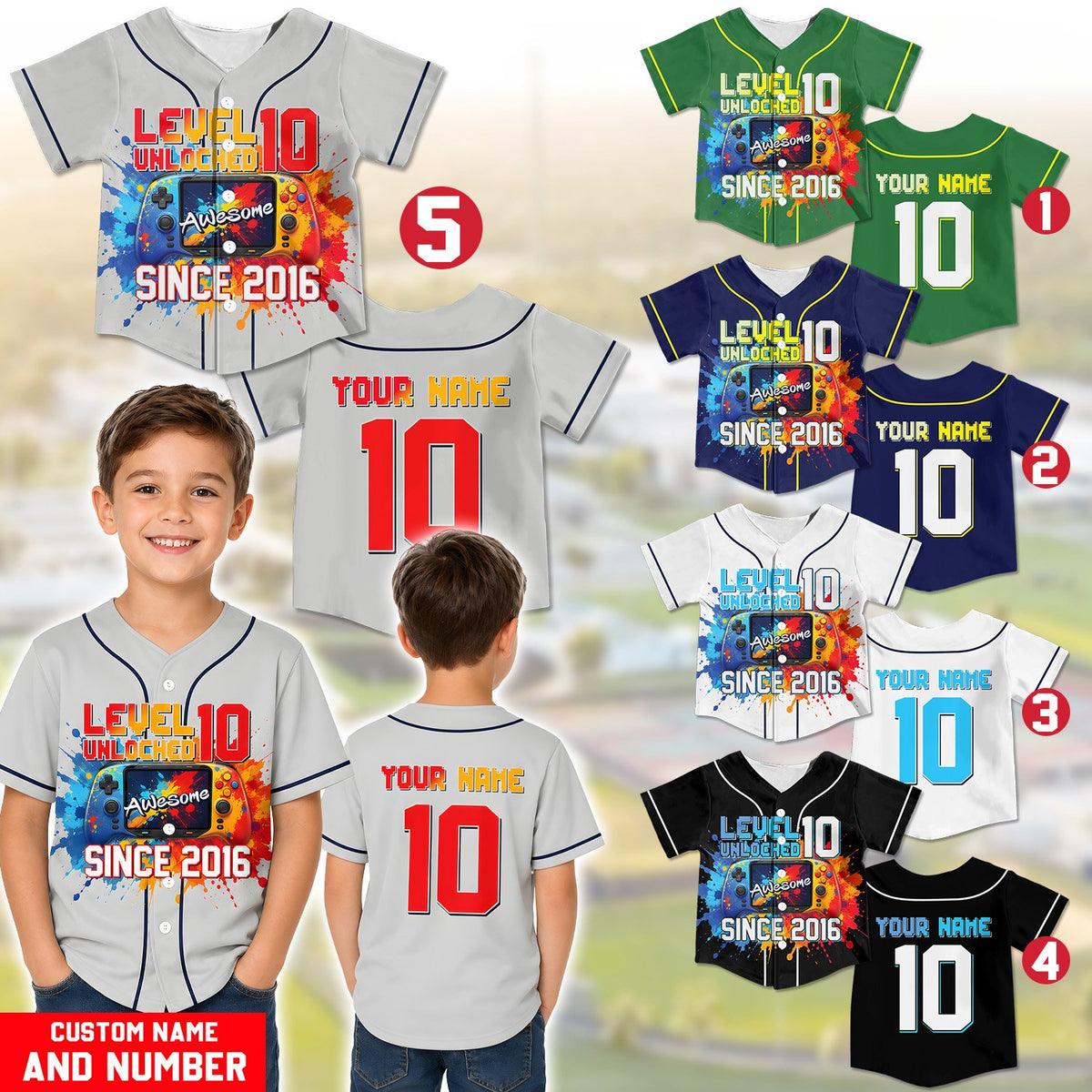 Lifestyle view of young gamer wearing the gray personalized kids jersey