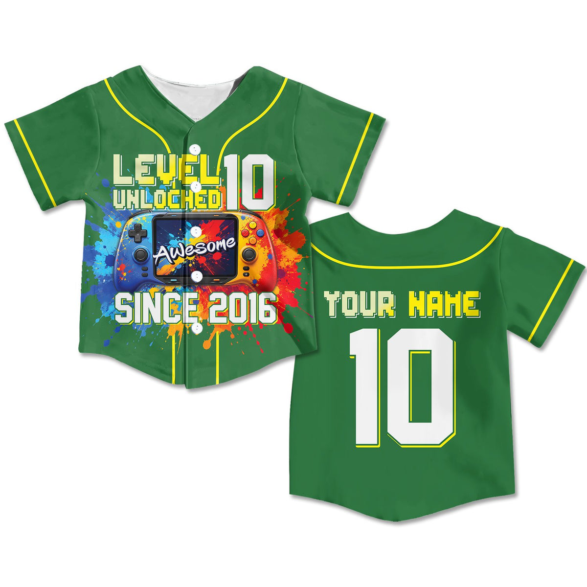 Personalized green gaming kids jersey with custom name and number front view