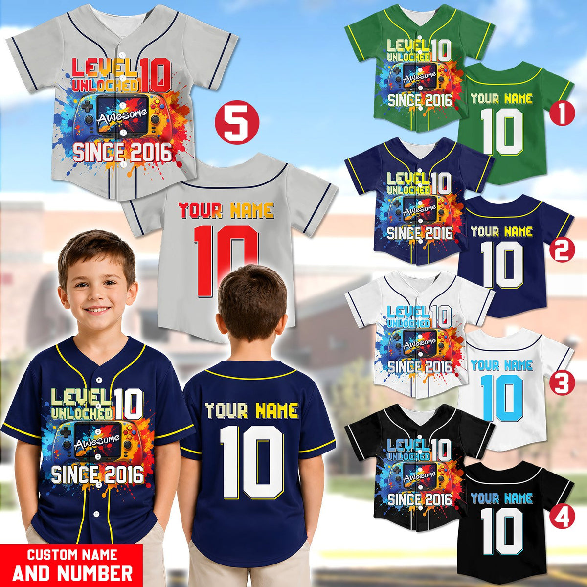 Lifestyle view of a kid wearing the navy gaming kids jersey