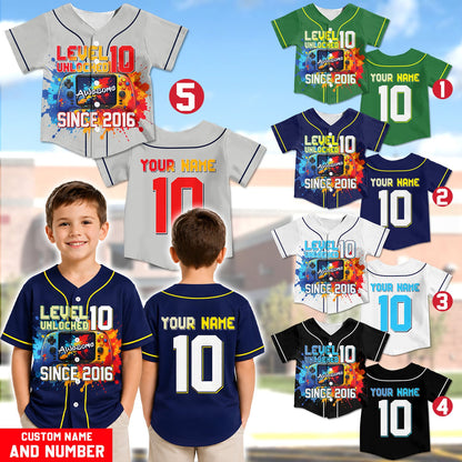 Lifestyle view of a kid wearing the navy gaming kids jersey