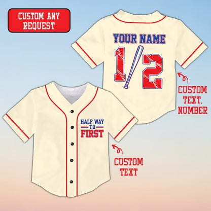 Front view of the beige half birthday kids jersey