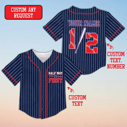 Another front view of the navy stripes kids jersey